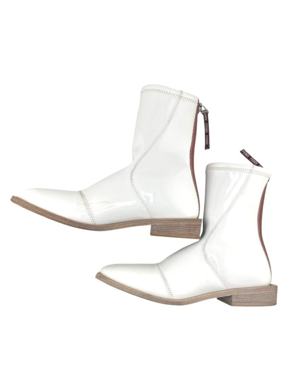 Fendi Fframe White Glossy Neoprene Ankle Boots 7.5 Square Toe Italy Auth Luxury
